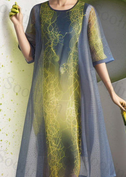 Organic Colorblock O Neck Print Silk Dress Summer
