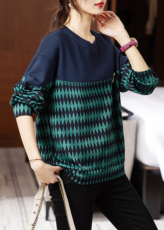 Green O Neck Print Patchwork Cotton Sweatshirt Fall