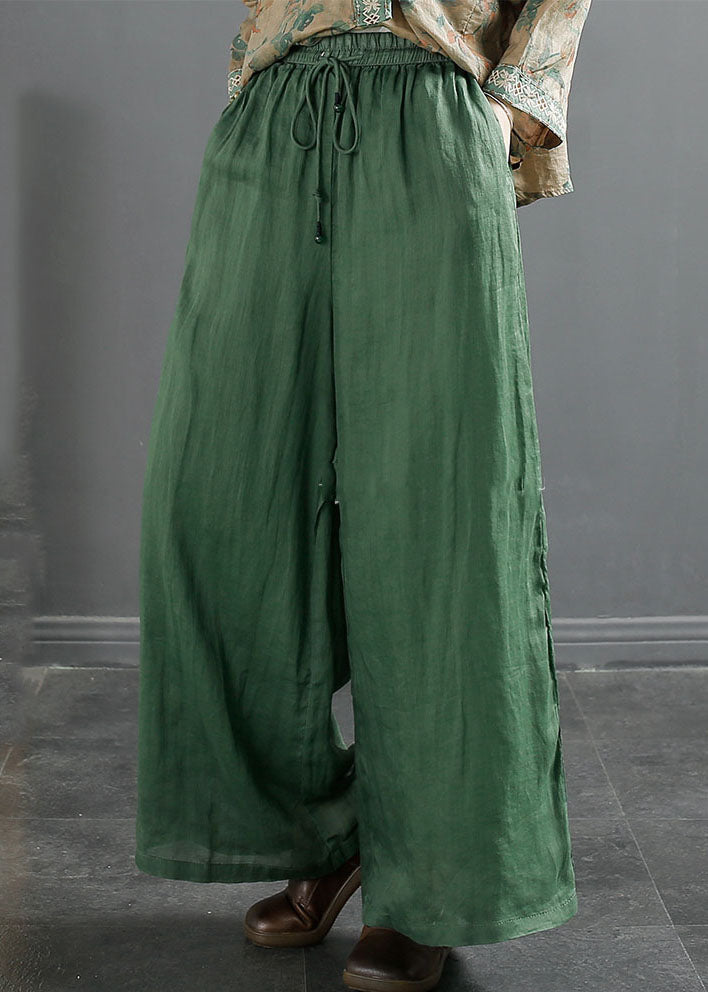 Green Pockets Elastic Waist Ramie Wide Leg Pants Summer