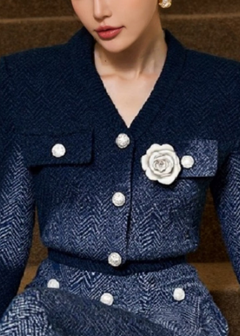 Blue V Neck Knit Two Pieces Set Fall