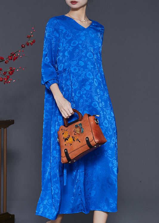 Blue Tie Waist Print Silk Dress Spring