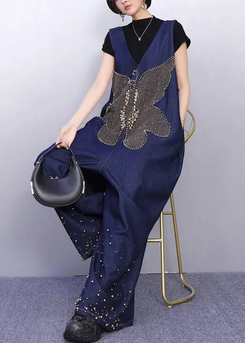Sparkling Insect Motif Navy Denim Jumpsuits Urban Stance