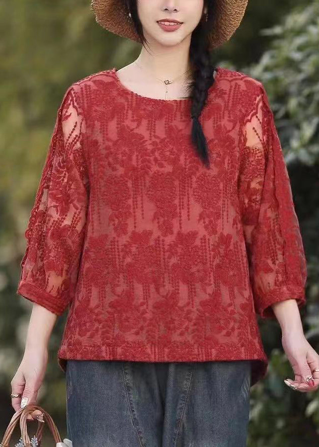 Red O Neck Embroideried Lace T Shirt Tops Fall