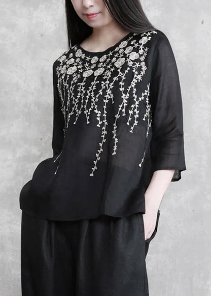 Black Embroideried Linen Top Three Quarter Sleeve