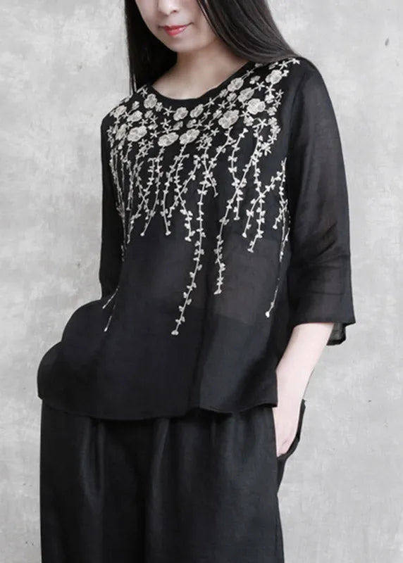 Black Embroideried Linen Top Three Quarter Sleeve
