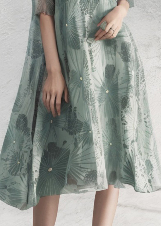 Fine Green U Neck Print Loose Silk Long Dresses Summer