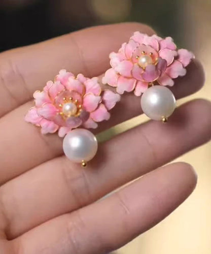 Pink Alloy Pearl Drip Glaze Peach Blossom Stud Earrings