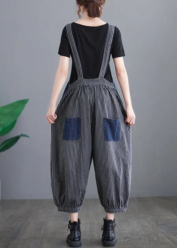 French Navy Striped Pocket Patchwork Denim Overalls Jumpsuit Spring