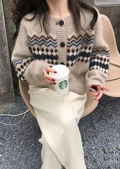 Apricot O Neck Jacquard Button Knit Cardigans Spring
