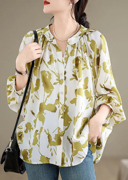 Grass Green Print Chiffon Shirts Oversized Lantern Sleeve