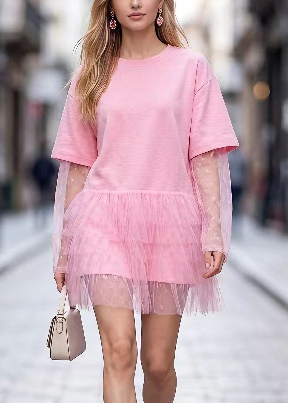 Pink O Neck Tulle Patchwork Cotton Short Dress Summer