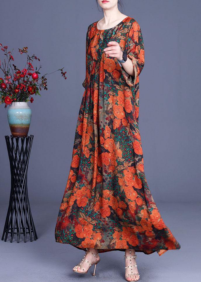 Orange Print O-neck Asymmetrical Design Summer Silk Long Dresses