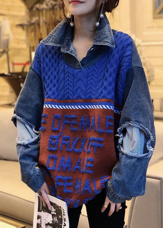 Blue Patchwork Denim Hole Loose Fall Knit Knitted Sweaters