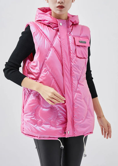 Handmade Pink Hooded Drawstring Fine Cotton Filled Vests Winter