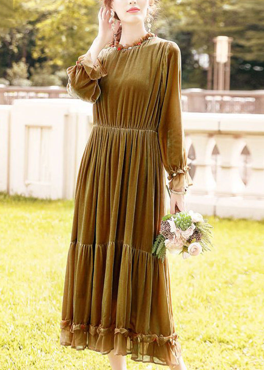 Khaki Ruffled Patchwork Exra Large Hem Silk Velour Dresses Spring