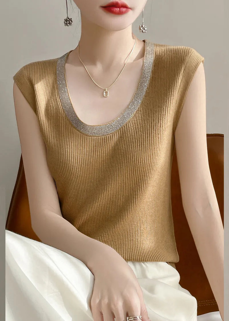 Yellow U Neck Patchwork Knit Tank Summer