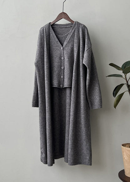 Loose Camel V Neck Tank and Cardigan Knit Two Piece Set Fall