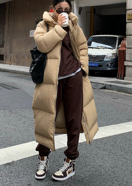 Khaki Zippered Pockets Hooded Duck Down Puffer Coat Winter