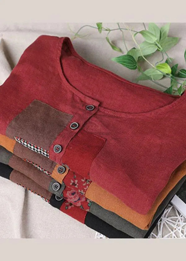 Organic Red Button Short Sleeve Cotton Linen Shirt Tops