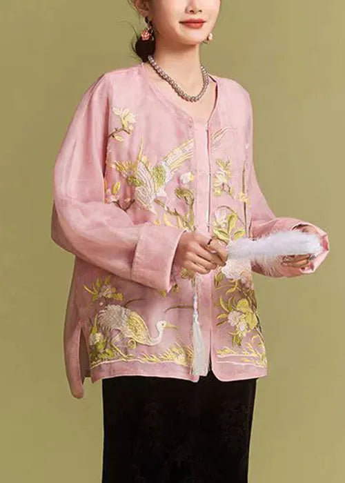 Loose Pink Embroidered Button Tulle Blouses Fall