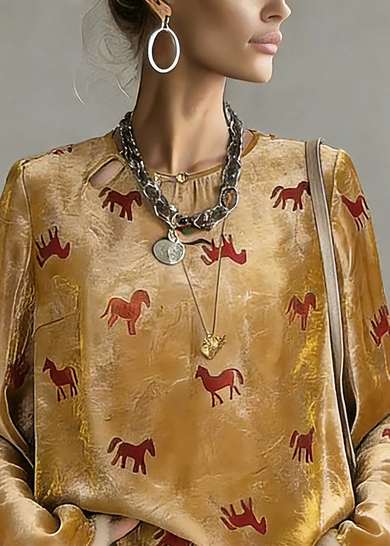 Chinese Style Yellow Print Button Silk Cotton Top Spring