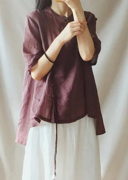 French Chocolate Shirts Stand Collar Asymmetric Baggy Blouse