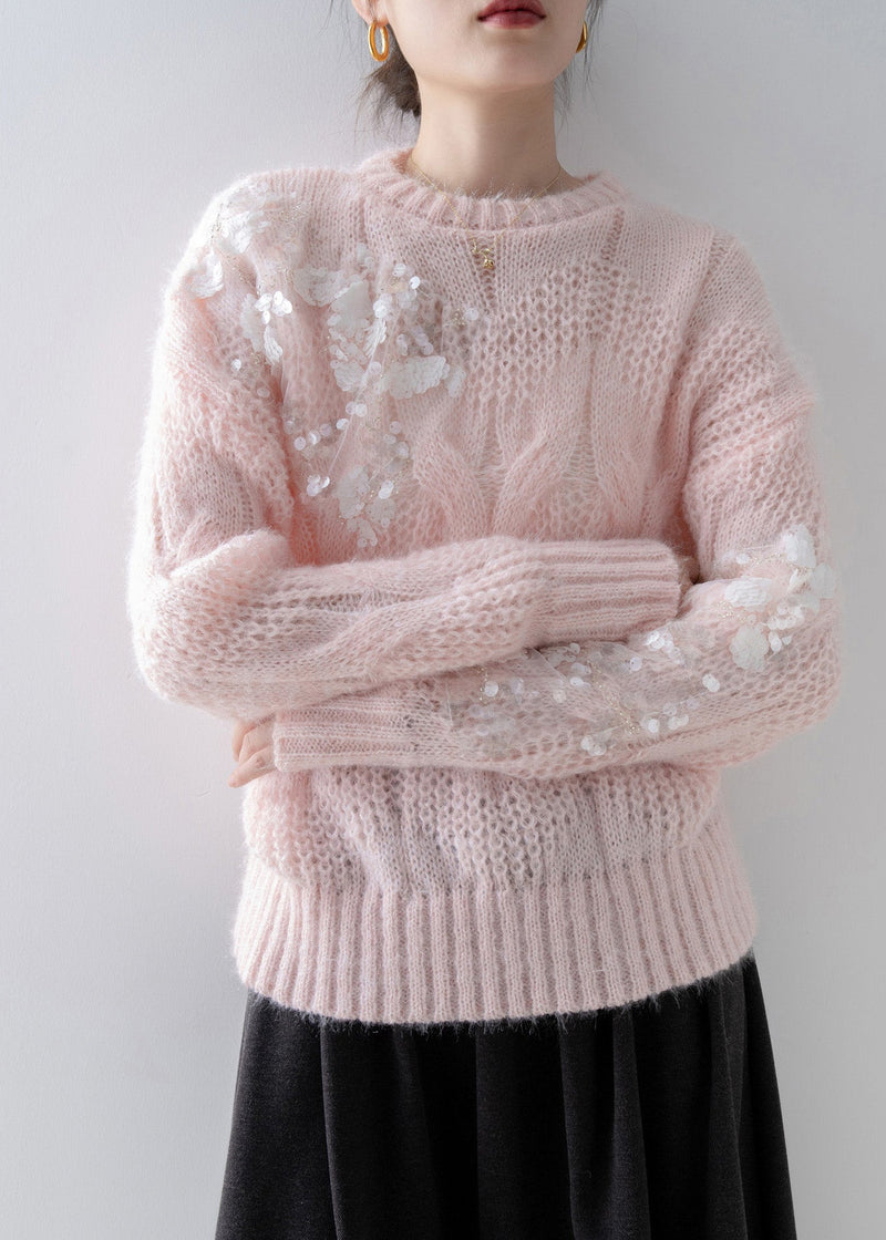 New Pink O Neck Sequins Knit Sweater Tops Spring