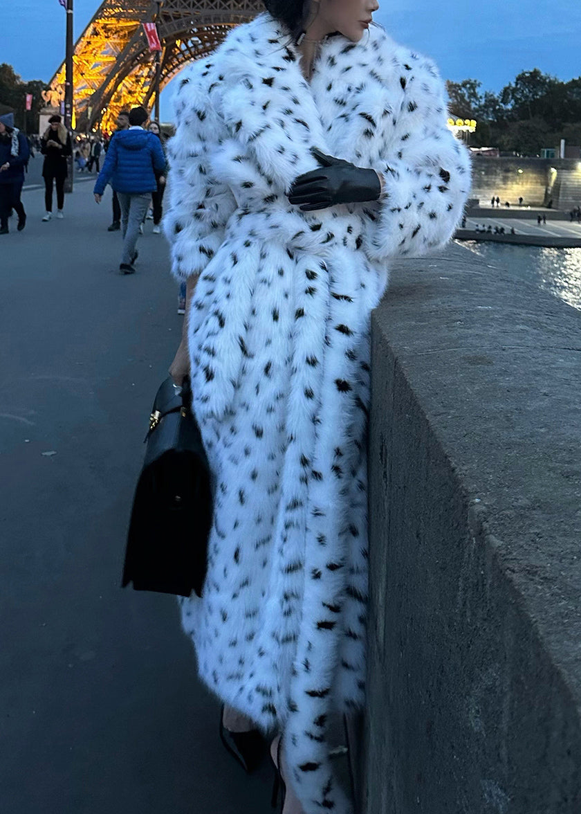 Classy White Peter Pan Collar Print Tie Waist Leather and Fur Long Coats Winter