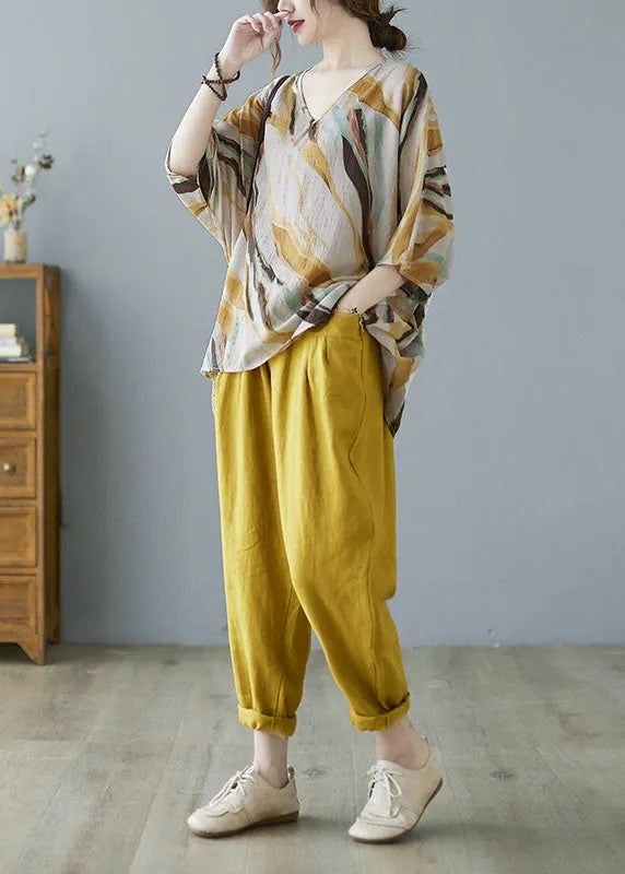 Yellow V Neck Print Fall Striped Shirt Tops Half Sleeve