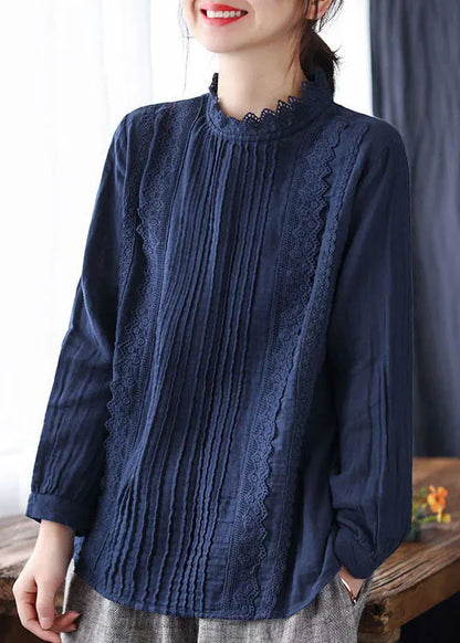 Boutique Navy Lace Patchwork Cotton Top Spring