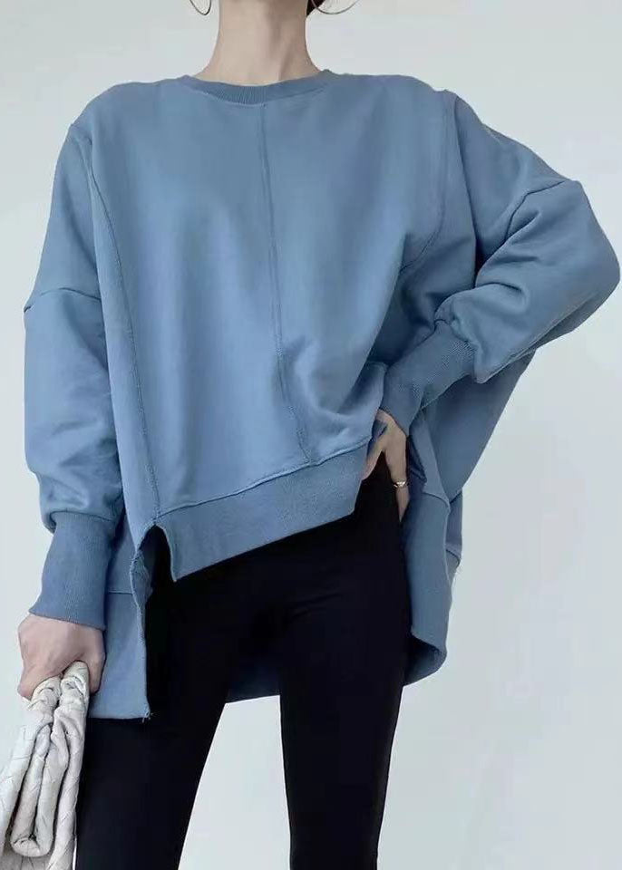 Blue Cotton Loose Sweatshirt O-neck Low High Design Spring