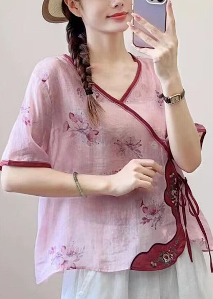 Khaki V Neck Print Lace Up Patchwork Linen Top Summer
