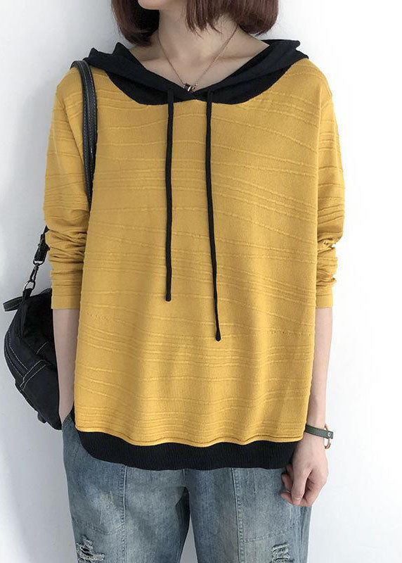 Khaki Hooded Drawstring Patchwork Fall Knit Sweatshirts Top