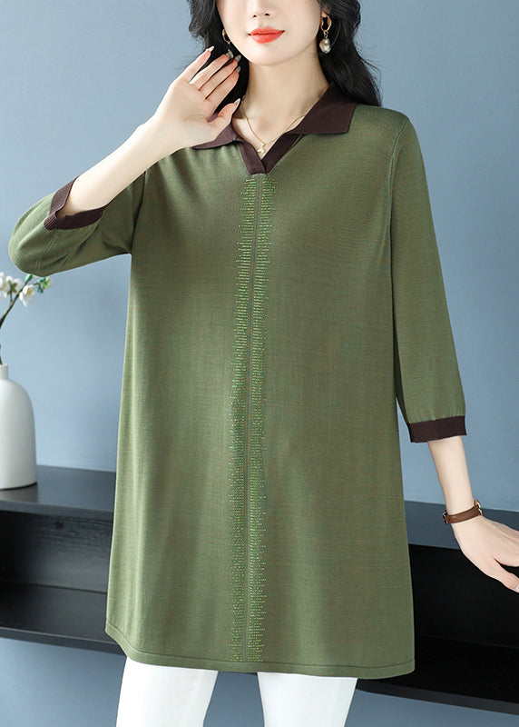 Green Hign Neck Ice Silk Knit Shirt Top Bracelet Sleeve