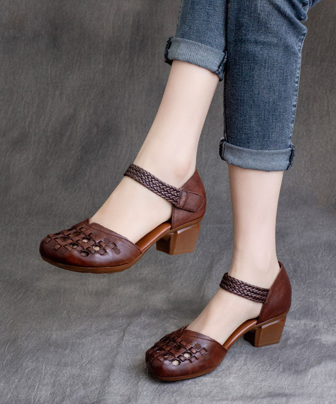 Buckle Strap Hollow Out Splicing Chunky Heel Brown Cowhide Leather