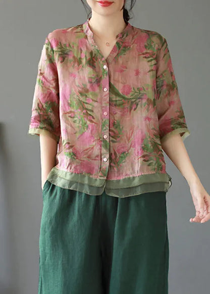 Lotus Root Pink Color Print Button Linen Shirt Summer