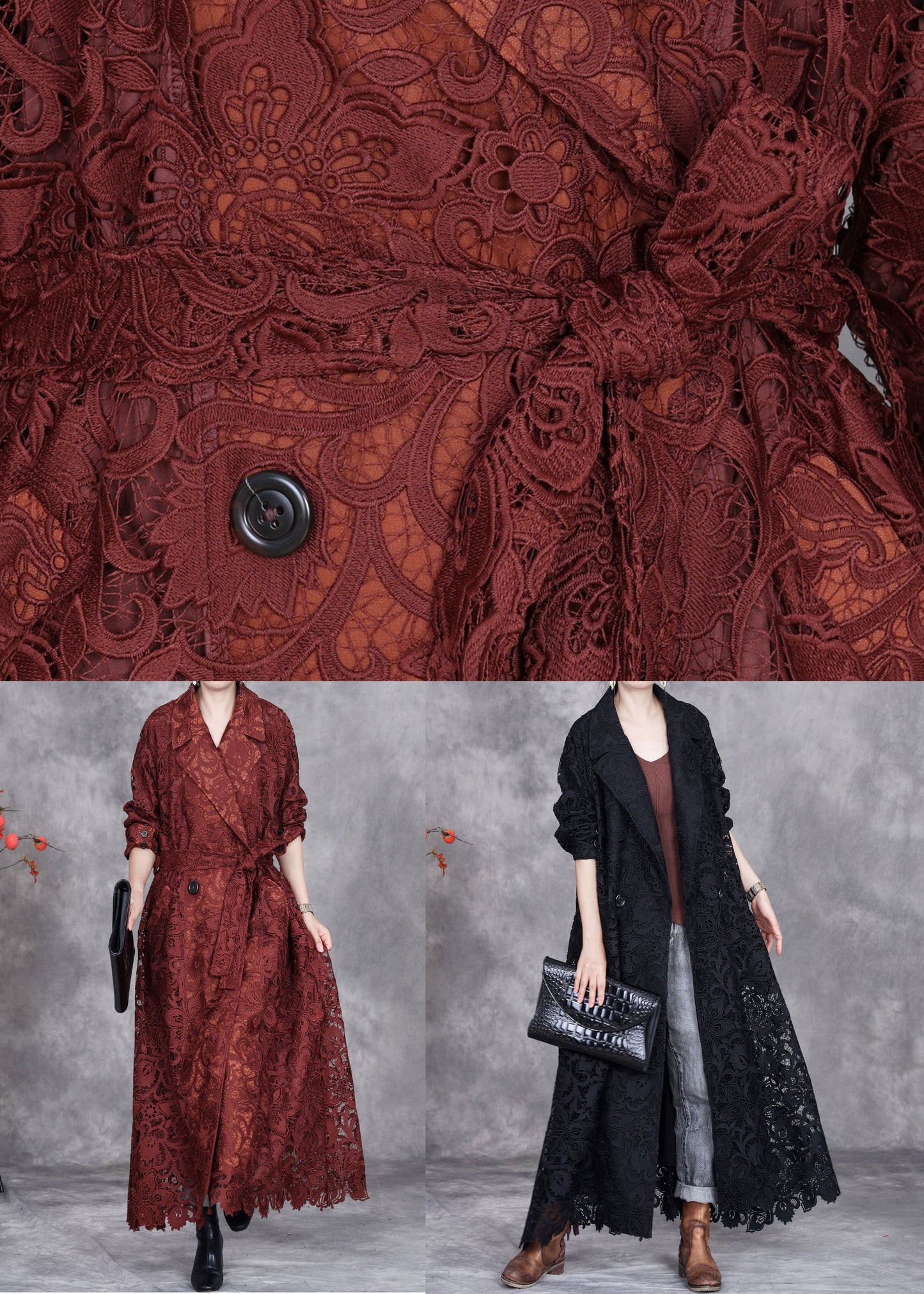 Black Button Lace Trench Coat Peter Pan Collar Fall