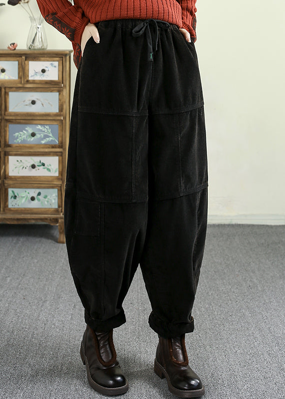 Green Pockets Elastic Waist Corduroy Warm Fleece Pants Spring