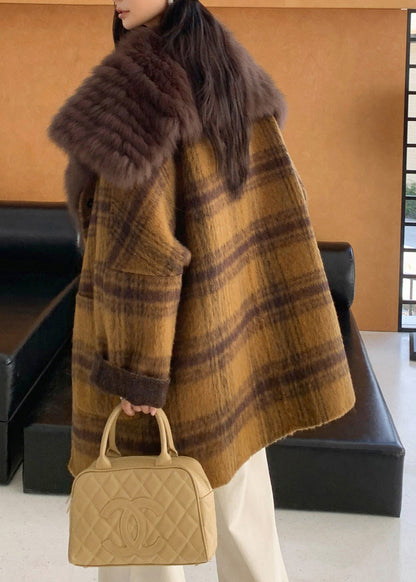 Yellow Fur Collar Plaid Pockets Wear on Both Sides Woolen Coats Fall