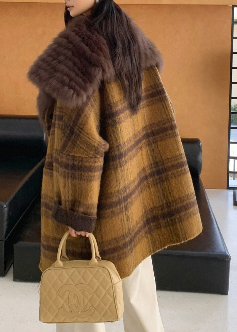 Yellow Fur Collar Plaid Pockets Wear on Both Sides Woolen Coats Fall