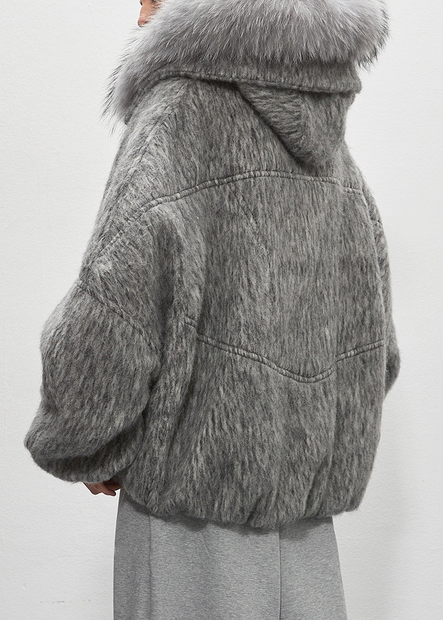 Grey Fur Collar Zippered Duck Down Puffer Coat Winter