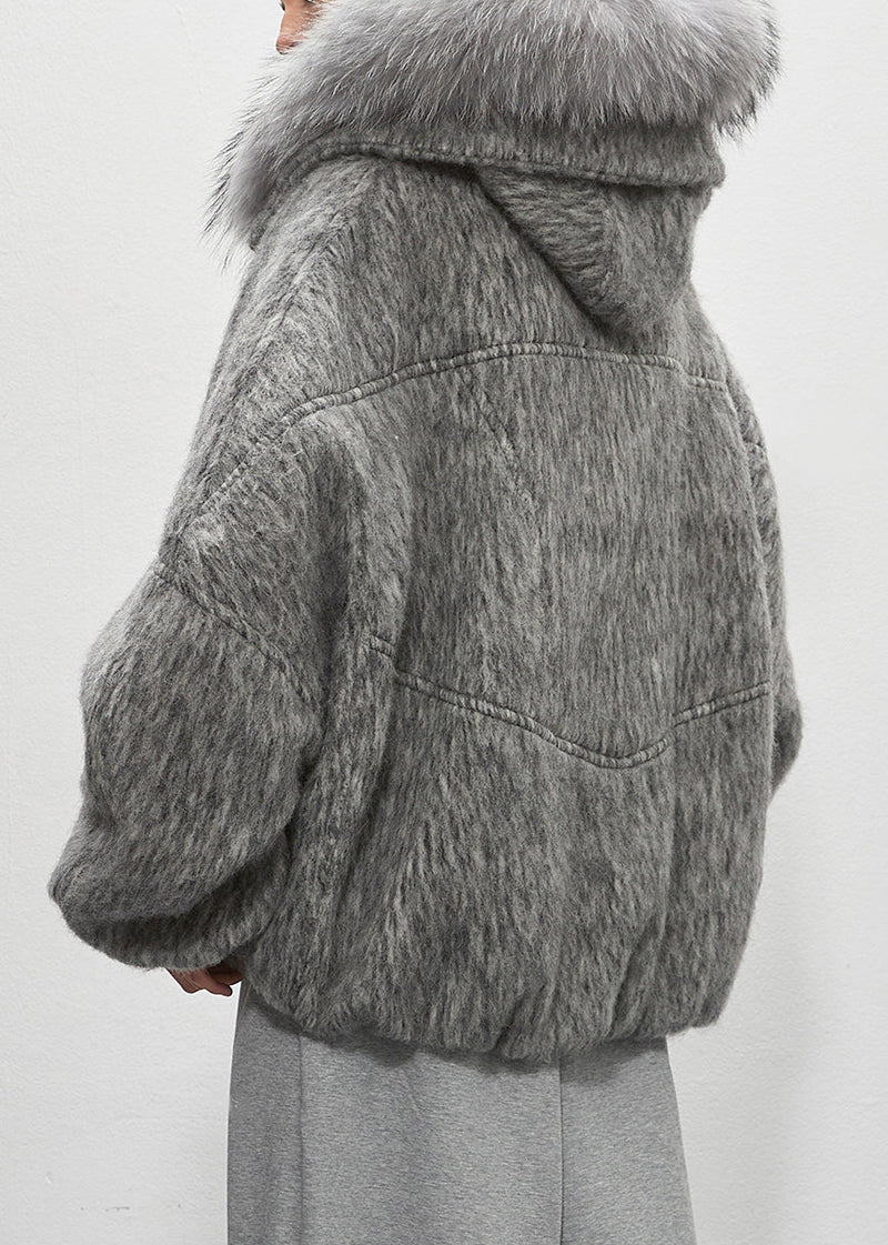 Grey Fur Collar Zippered Duck Down Puffer Coat Winter