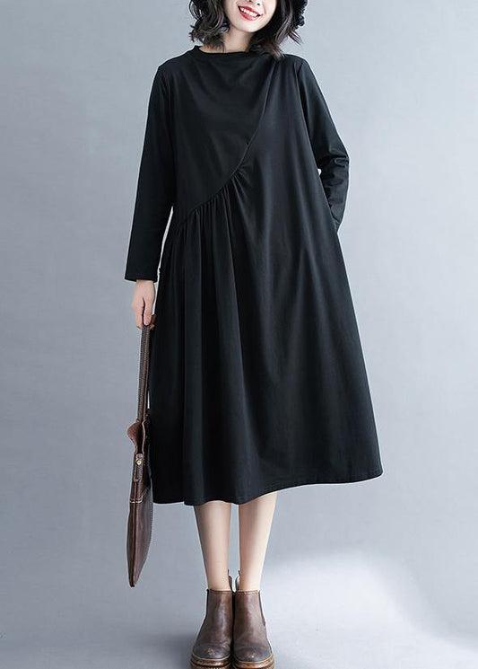 O Neck Wrinkled Spring Tunics Outfits Black Maxi Dress