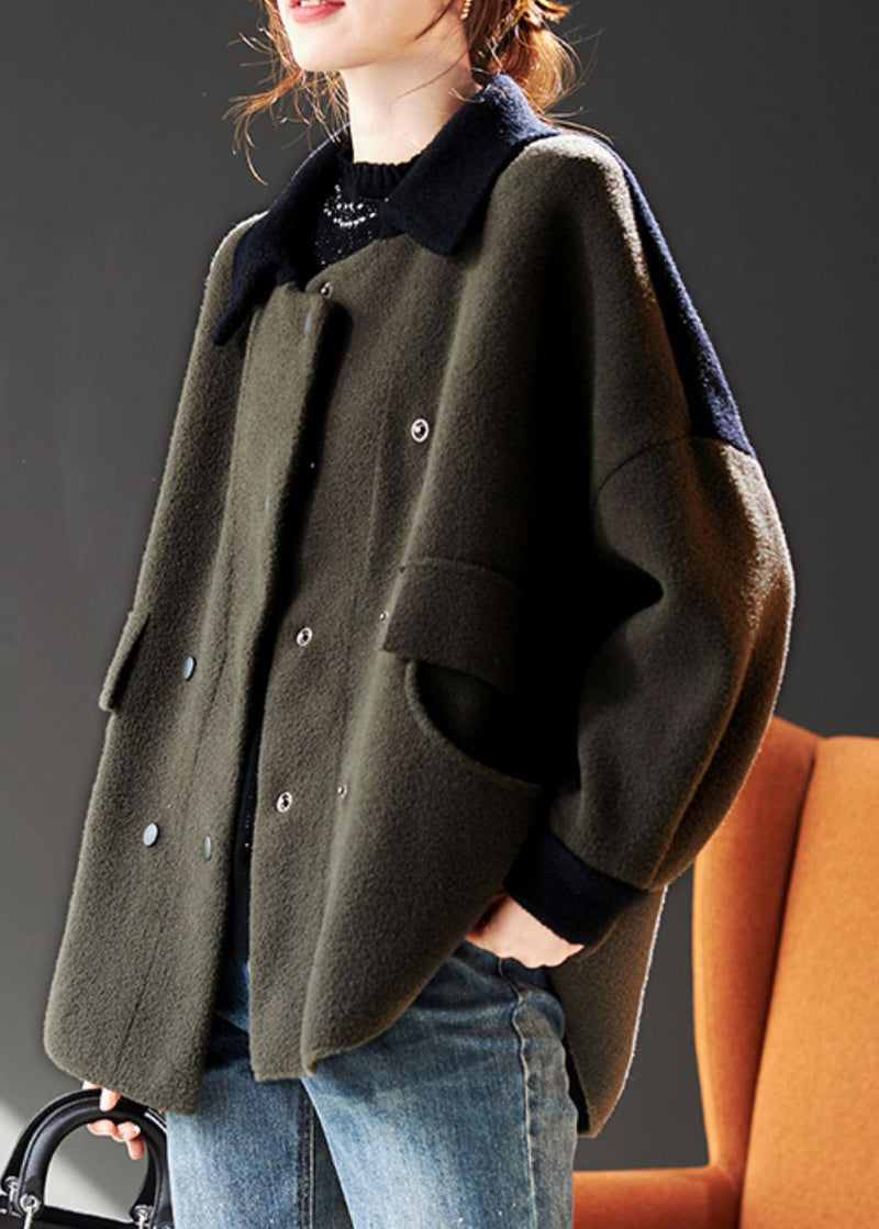 Army Green Double Breast Pockets Patchwork Woolen Coat Spring