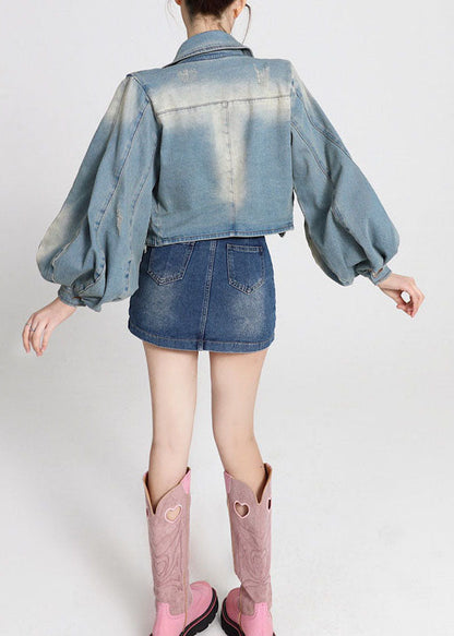 Blue Patchwork Denim Coats Lantern Sleeve