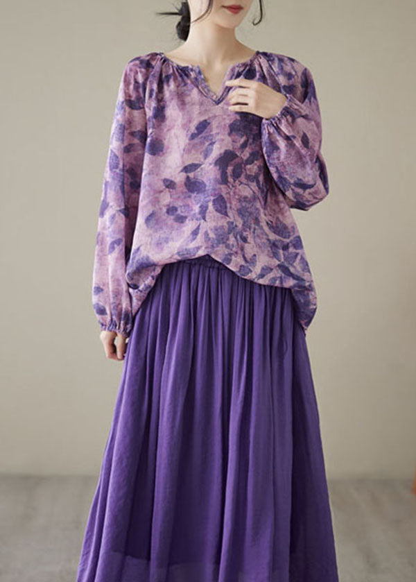 Purple Print Wrinkled Patchwork Linen Tops Long Sleeve