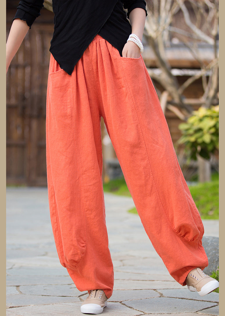 Orange Pockets Linen Pants High Waist