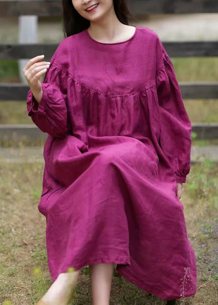 Loose Rose O Neck Button Cotton Long Dress Fall