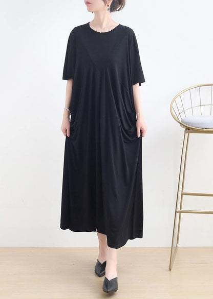 Art Black Cinched O-neck Summer Cotton Dress