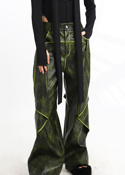 French Green Pockets High Waist Faux Leather Pants Spring